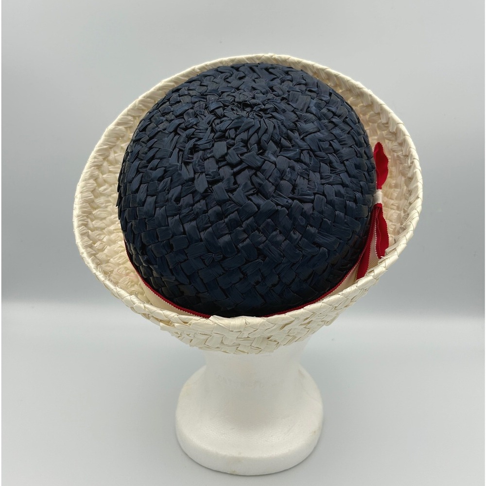 Vintage Jo Bailey Hats Navy Blue Cream Straw Pillbox Hat Red Ribbon Bow Accent